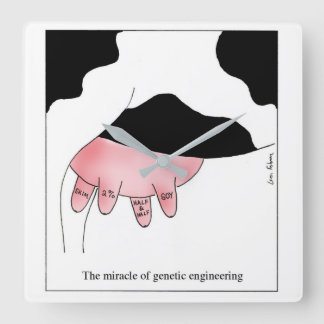 Genetic Engineering Cow GMO Udder Cartoon Quadratische Wanduhr