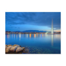Genfer Panorama mit berühmtem Brunnen, Schweiz,