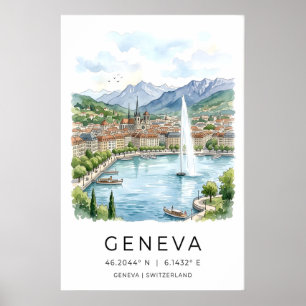 Genfer Seeufer-Kunstdruck, Aquarell-Stadtansicht Poster