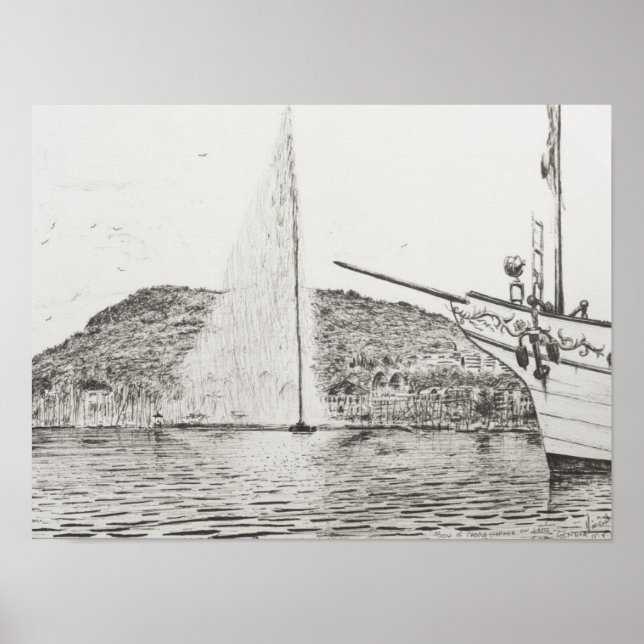 Genfer Springbrunnen und Bow des Vergnügens Boat 2 Poster (Vorne)