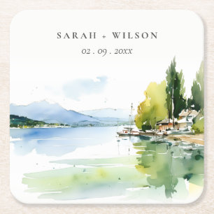 Genfersee Schweiz Aquarell-Landschaft Hochzeit Rechteckiger Pappuntersetzer