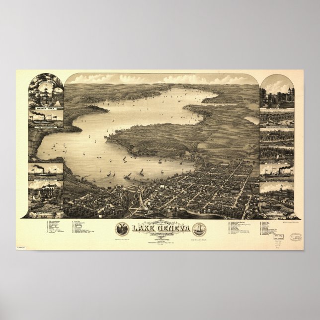 Genfersee WI 1882 Antique Panoramablick Karte Poster (Vorne)