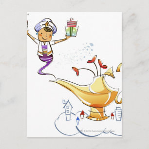 Genie bringt ein Haus und Geschenke aus einer magi Postkarte