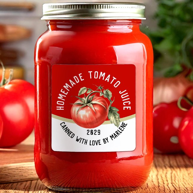 Genießbarer hausgemachter Tomatensaft mit roter To Quadratischer Aufkleber (Von Creator hochgeladen)