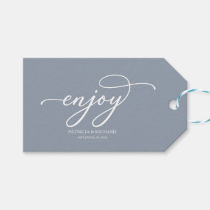 Genießen Sie Chic Script Dusty Blue Hochzeit Geschenkanhänger