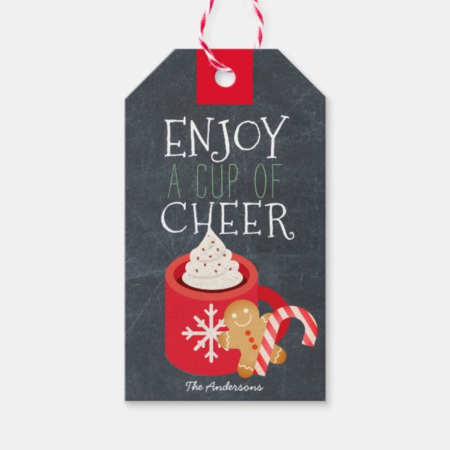Genießen Sie einen Cup der Cheer Red Tasse Chalkbo Geschenkanhänger (Vorderseite)
