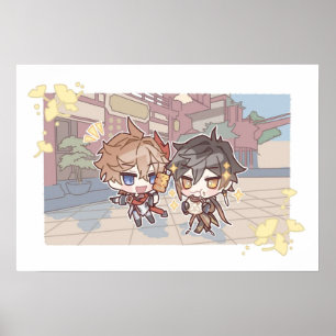 Genshin Impact Chibi Ein Date mit Childe und Zhong Poster