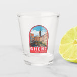 Gent Belgium Travel Art Vintag Schnapsglas<br><div class="desc">Gent Retro Vektor-Reise-Design. Gent ist bekannt für seine großen öffentlichen Plätze und Marktplätze,  zu denen vor allem der Vrijdagmarkt (der "Freitagmarkt") gehört,  der das Zentrum des mittelalterlichen Stadtlebens bildet.</div>