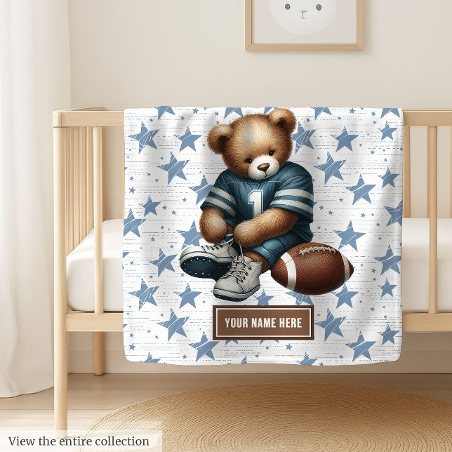 Gentle American Football Teddy Bear Baby Blanket Fleecedecke (Personalized American football teddy bear blanket, unique and special boy birthday gift idea.)