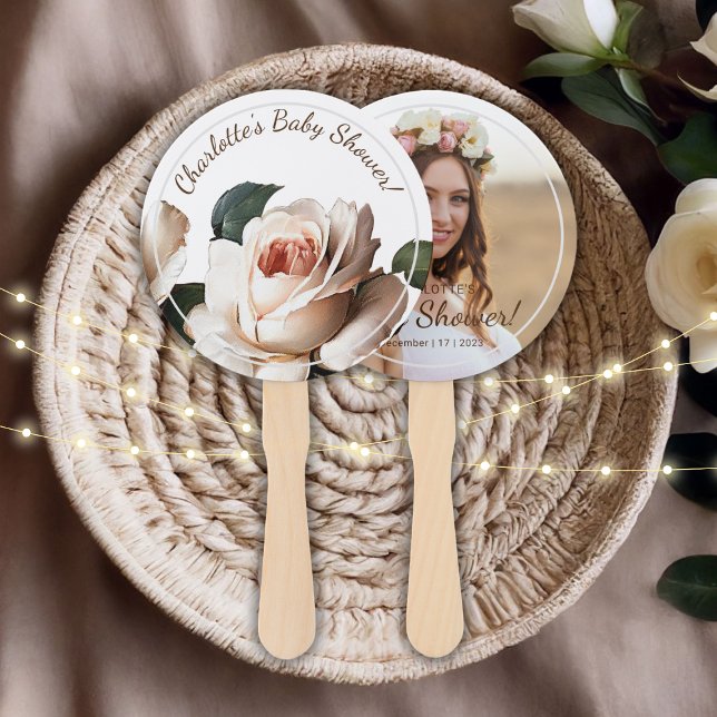 Gentle Beige Rose Girl Babydusche Fächer (Gentle Beige Rose Girl Baby Shower Hand Fan)