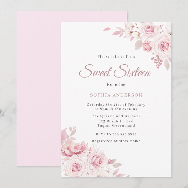 Gentle Blush Elegante Blume Sweet 16 Party Einladung (Vorne/Hinten)