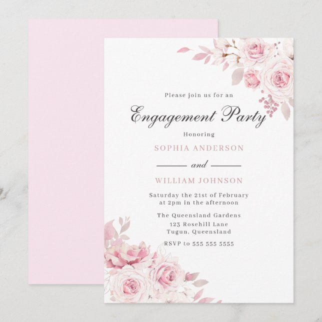 Gentle Blush Elegante Watercolor Engagement Party Einladung (Vorne/Hinten)