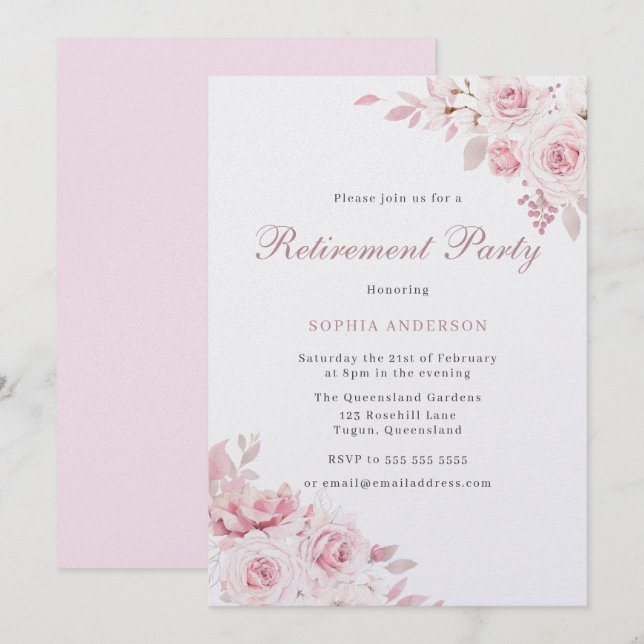 Gentle Blush Elegantes Blume Altersvorsorge-Party Einladung (Vorne/Hinten)