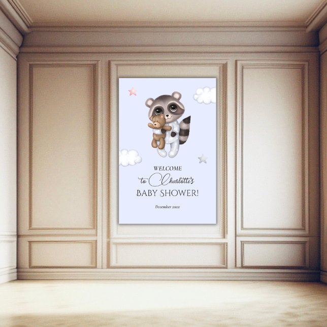 Gentle Boy Raccoon Blue Baby Dusche Willkommen Poster (Gentle Boy Raccoon Blue Baby Shower Welcome Poster)