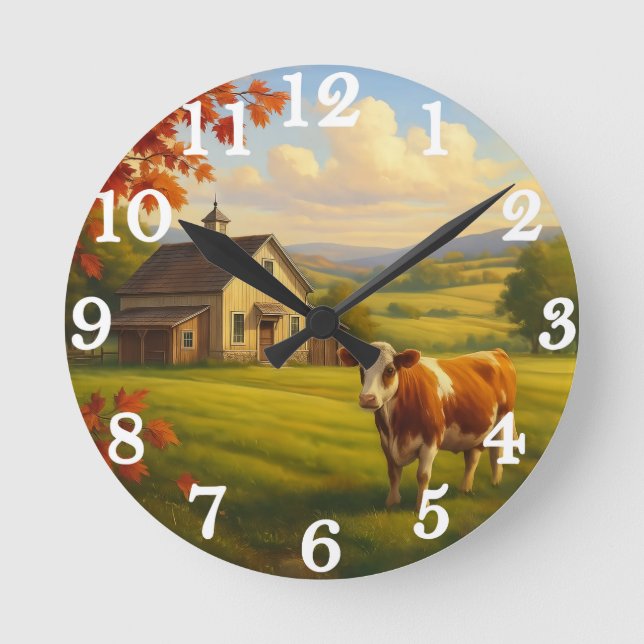 Gentle cow in pastoral countryside runde wanduhr (Vorderseite)