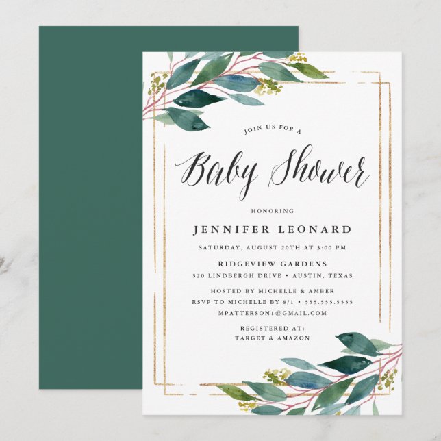Gentle Foliage | Einladung der Babydusche (Vorne/Hinten)