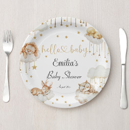 Gentle Gold Dreamy Woodland Creatures Baby Shower Pappteller