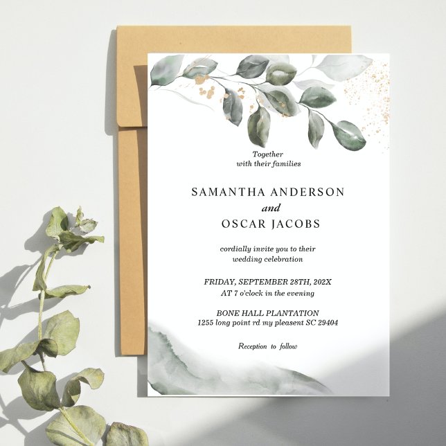 Gentle Greenery Watercolor Leaf | Goldstaub Einladung (Von Creator hochgeladen)