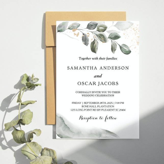 Gentle Greenery Watercolor Leaf | Goldstaub Einladung (Von Creator hochgeladen)