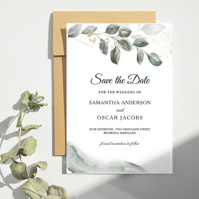 Gentle Greenery Watercolor Leaf | Goldstaub Save The Date (Von Creator hochgeladen)