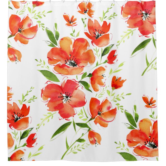 Gentle Orange Poppies Wasserfarben Muster Duschvorhang (Vorderseite)