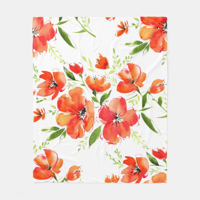 Gentle Orange Poppies Wasserfarben Muster Fleecedecke (Vorderseite)