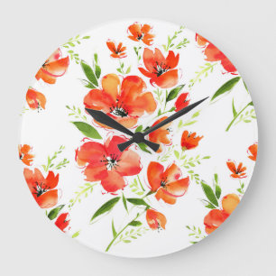 Gentle Orange Poppies Wasserfarben Muster Große Wanduhr