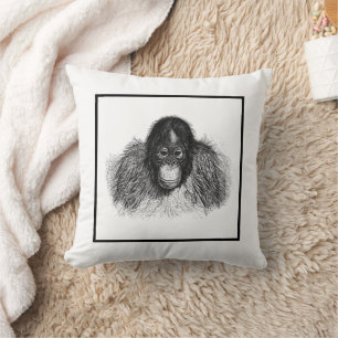 Gentle Orangutan Black and White Ape Zeichnend Kissen