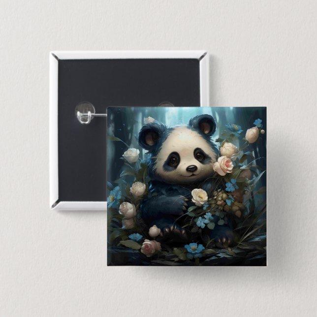 Gentle Panda Bear zwischen Dschungel-Rose Button (Vorne & Hinten)