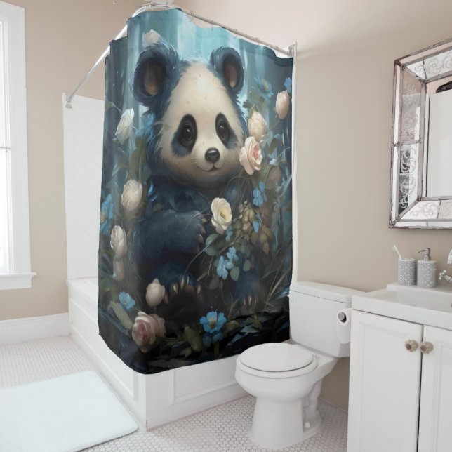 Gentle Panda Bear zwischen Dschungel-Rose Duschvorhang (Beispiel)