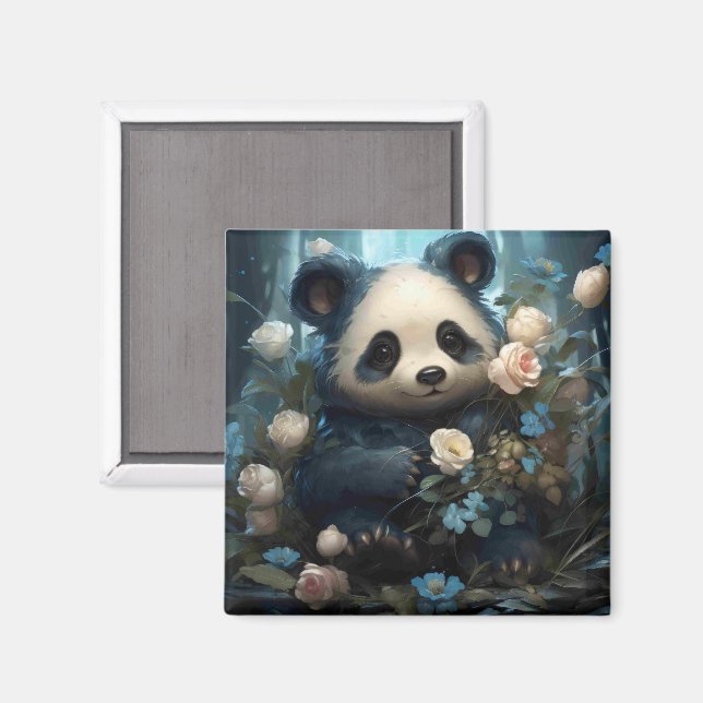 Gentle Panda Bear zwischen Dschungel-Rose Magnet (Vorderseite/Rückseite)