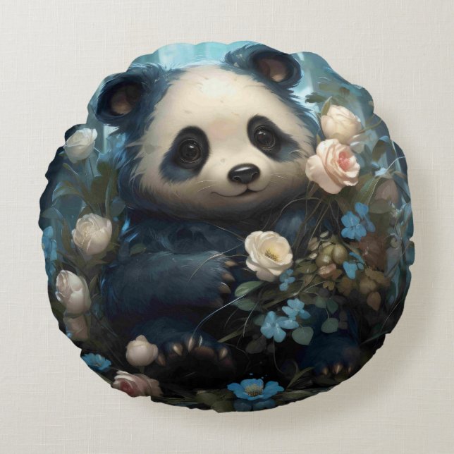 Gentle Panda Bear zwischen Dschungel-Rose Rundes Kissen (Vorderseite)