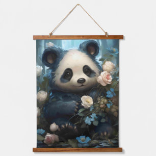 Gentle Panda Bear zwischen Dschungel-Rose Wandteppich Mit Holzrahmen