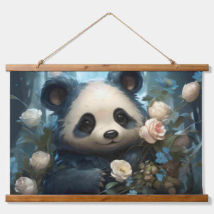 Gentle Panda Bear zwischen Dschungel-Rose Wandteppich Mit Holzrahmen