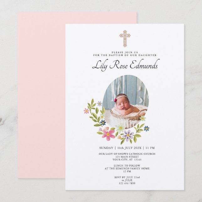 Gentle Pink Floral Baptism Invitation Einladung (Vorne/Hinten)