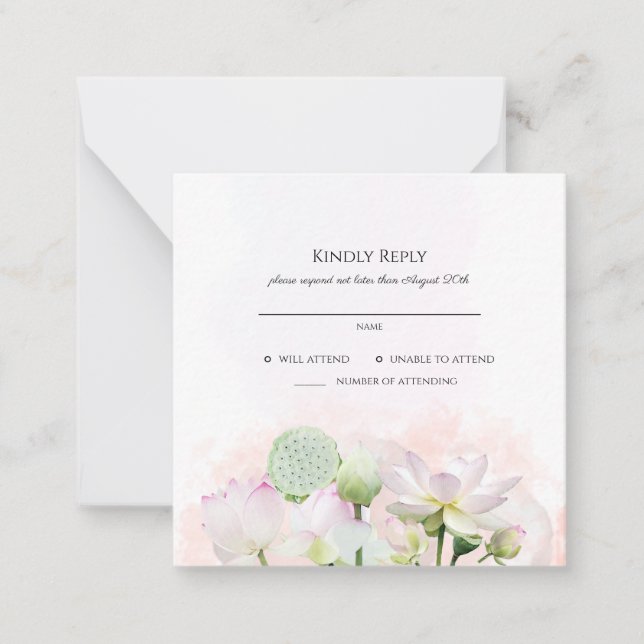 Gentle Water Lilies and Lotuses Wedding RSVP Mitteilungskarte (Vorderseite)