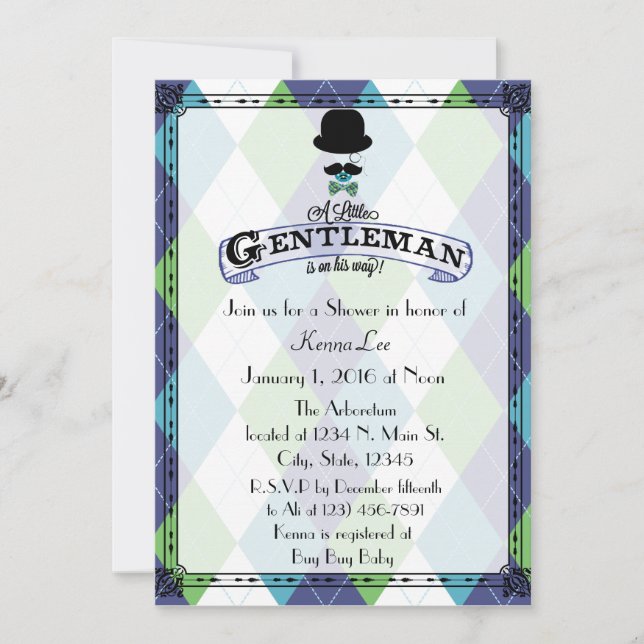 Gentleman Baby Dusche Raute Einladung (Vorderseite)