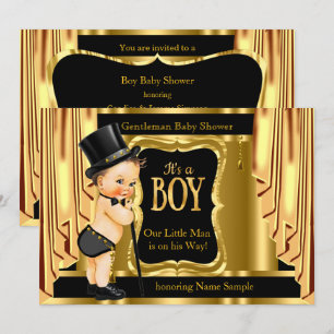 Gentleman Baby Shower Black Gold Drapes Brünett Einladung