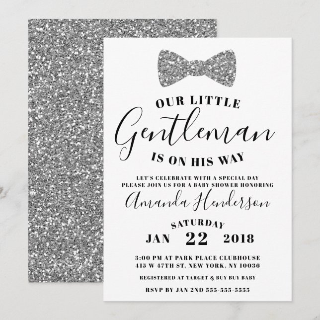 Gentleman Baby Shower Einladung, Imitate Silver Einladung (Vorne/Hinten)
