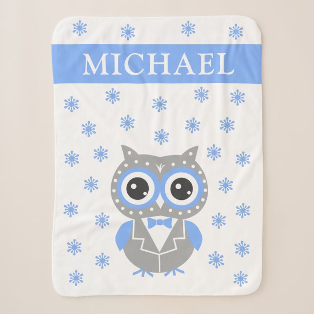 Gentleman Owl Blue Gray Baby Boy Sherpa Blanket Sherpadecke (Vorderseite)