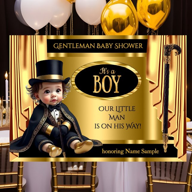 Gentleman Tophat Baby Shower Black Gold Drapes Einladung (Von Creator hochgeladen)