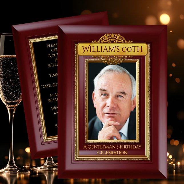 Gentlemen Elegant Gold Mahogany Photo Birthday Einladung (Von Creator hochgeladen)