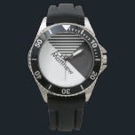 Geo Abstrakte minimale Schwarz-weiße Streifen Name Armbanduhr<br><div class="desc">Personalisieren Sie mit Ihrem eigenen Namen oder Namen Ihres Liebsten.</div>