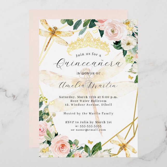 Geo Blush Floral Gold Dragonfly Quinceanera Folieneinladung (Vorderseite/Rückseite)