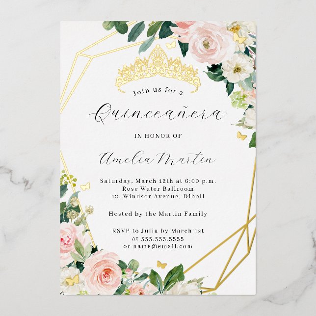 Geo Blush Floral Quinceanera Gold Folieneinladung (Vorderseite)