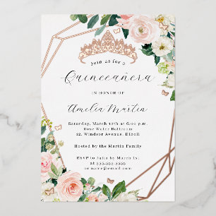Geo Blush Floral Quinceanera Rose Gold Folieneinladung
