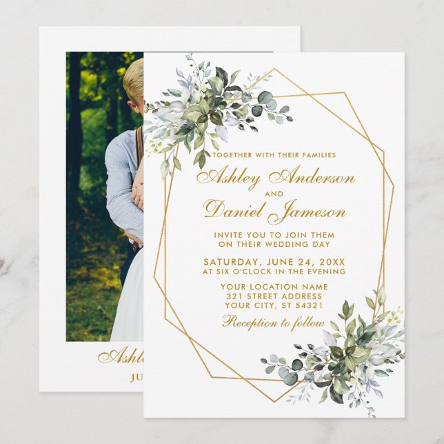 Geo Frame Foto Gold Wedding Einladung (Vorne/Hinten)
