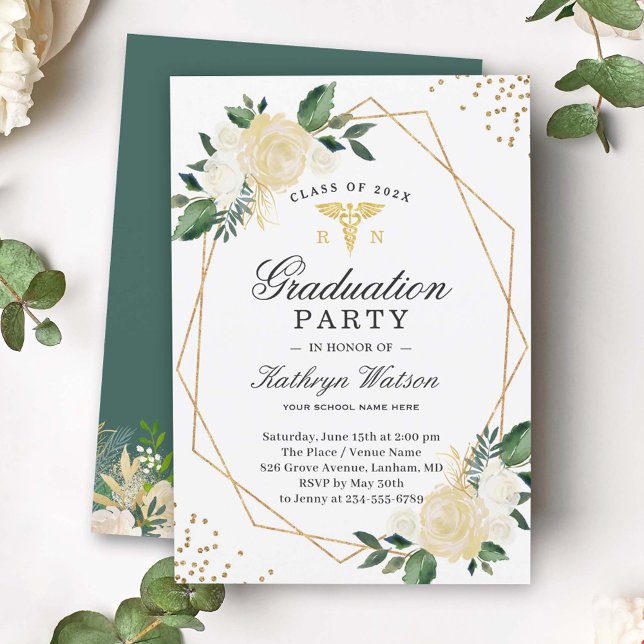 Geo Gold Floral Medical Nursing Graduation Party Einladung (Von Creator hochgeladen)