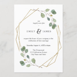 Geo Gold Rahmen mit Eukalyptus-Hochzeit in Aquarel Einladung