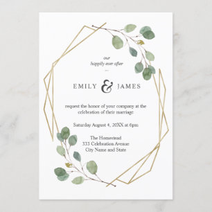 Geo Gold Rahmen mit Eukalyptus-Hochzeit in Aquarel Einladung